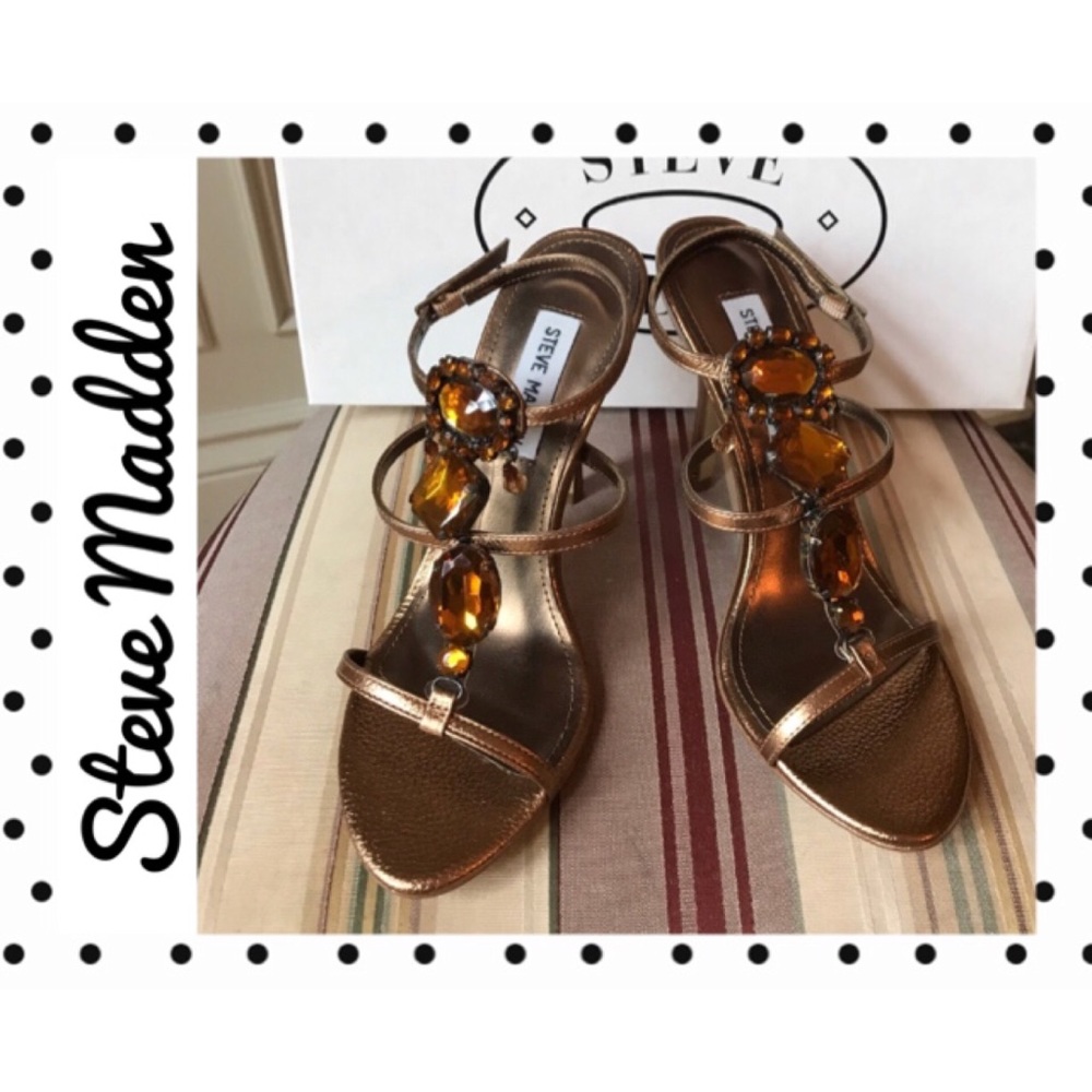 Steve Madden Bronze Metallic Jeweled T-Strap Heels